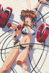 Rule 34 | 1990s (style), absurdres, barefoot, bikini, breasts, brown eyes, brown hair, double bun, fang, feet, hair bun, highres, large breasts, nanako kaitai shinsho, navel, non-web source, official art, retro artstyle, shichigusa nanako, swimsuit, yamashita toshinari
