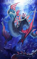 1girl absurdres animal arm_fins blue_eyes blue_skin bubble caustics claws colored_skin fins fish fish_tail grey_skin head_fins highres long_braid mermaid monster monster_focus monster_girl narumi_hyou original pink_wings purple_hair refraction shark signature spots stingray tail underwater webbed_feet whiskers wings