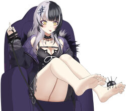 1girl barefoot black_choker black_coat black_dress black_hair breasts choker cleavage coat commentary_request dress feet feet_up fur-trimmed_coat fur_trim grey_hair highres holding holding_leash hololive hololive_english large_breasts leash long_hair multicolored_hair ribbon shiori_novella shiori_novella_(1st_costume) simple_background sitting soles solo split-color_hair tamagotozi3420 toes tongue tongue_out two-tone_hair virtual_youtuber white_background white_ribbon yellow_eyes yorick_(shiori_novella)