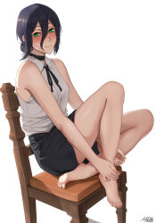 1girl absurdres barefoot black_choker black_hair black_shorts chainsaw_man chair choker closed_mouth collared_shirt feet green_eyes hair_between_eyes hair_bun highres matomo on_chair reze_(chainsaw_man) shirt shorts signature simple_background sleeveless sleeveless_shirt smile solo white_background white_shirt