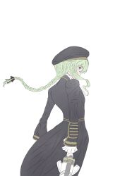 1girl arms_at_sides assault_lily beret black_bow black_dress black_hat bow braid braided_ponytail commentary_request covered_mouth cowboy_shot dress energy floating_hair frilled_sleeves frills from_side hair_bow hair_over_mouth hat highres holding holding_weapon long_hair long_sleeves looking_ahead low_ponytail murakami_tokiwa pickles_(picpicpickles) ponytail profile purple_eyes sidelocks simple_background single_braid standing weapon white_background
