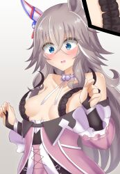!? 1girl absurdres animal_ears blue_eyes blush breast_slip breasts collarbone embarrassed grey_hair hair_between_eyes hair_ornament highres horse_ears horse_girl kusarigama_sshimi looking_at_viewer no_bra nose_blush portrait simple_background small_breasts solo textless_version umamusume unlikely_accident wardrobe_malfunction white_background wonder_acute_(umamusume)