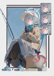 1girl absurdres angry animal_ear_fluff animal_ears black_gloves black_skirt black_socks blanket_over_legs blue_archive blue_eyes blue_halo blue_socks blush brown_jacket bucket closed_eyes closed_mouth cross_hair_ornament fishing_rod gloves grey_hair guanhuvu hair_ornament halo hat highres jacket long_hair looking_at_viewer mismatched_socks multiple_expressions octopus open_mouth own_hands_together shiroko_(blue_archive) shoes skirt sneakers socks solo tachi-e white_shoes wolf_ears wolf_girl yellow_hat