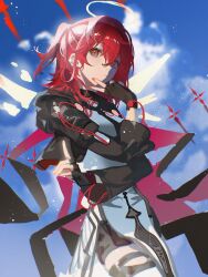 1girl :/ absurdres arknights black_gloves black_jacket closed_mouth cloud cowboy_shot day exusiai_(arknights) exusiai_the_new_covenant_(arknights) fingerless_gloves gloves hair_between_eyes halo highres jacket jiuxiaoshi long_sleeves medium_hair multicolored_jacket nail_polish red_eyes red_hair red_nails shirt sky solo two-tone_jacket v white_shirt wings yellow_halo