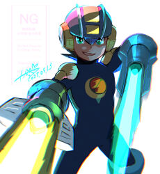 Rule 34 | arm blade, blue bodysuit, blue helmet, bodysuit, cowboy shot, dated, energy sword, green eyes, h2o (gueguecamp), helmet, highres, looking at viewer, mega man (series), mega man battle network (series), megaman.exe, netnavi, simple background, smirk, sword, weapon, white background