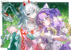 2girls animal_ears blonde_hair blue_eyes bow dragon dress frills gloves gradient_hair grass hair_between_eyes hair_bow hair_ornament highres holding horns japanese_clothes kimono kuangjie long_hair looking_at_viewer multicolored_hair multiple_girls original purple_bow purple_hair smile smoking_pipe virtual_youtuber white_gloves white_hair wide_sleeves