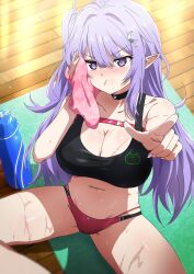 1girl absurdres black_choker blush bottle breasts choker cleavage commission crescent crescent_hair_ornament eepy_sleepy eepy_sleepy_(sleepy_2.0) hair_ornament highres indian_style large_breasts long_hair looking_at_viewer misaki_nonaka navel panties phase_connect pink_nails pointing pointing_at_viewer pointy_ears pout purple_eyes purple_hair sitting skeb_commission sports_bra stomach sweat towel underwear virtual_youtuber water_bottle