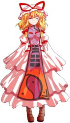 1girl alphes_(style) blonde_hair boots bow breasts brown_boots closed_eyes closed_mouth commentary_request crying dairi dress flame_print full_body hair_bow hat large_variant_set long_sleeves medium_breasts mob_cap multiple_hair_bows parody purple_tabard red_bow sad sleeves_past_wrists solo style_parody tabard tachi-e touhou transparent_background variant_set white_dress white_hat white_sleeves wide_sleeves yakumo_yukari yin_yang