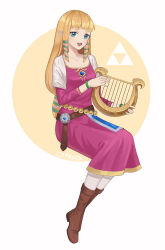 1girl absurdres belt blonde_hair blue_eyes boots bracelet dress full_body hair_ribbon harp highres holding holding_instrument instrument invisible_chair jewelry long_hair looking_at_viewer low-tied_long_hair lyre nintendo open_mouth pantyhose pointy_ears princess_zelda prock ribbon sitting smile solo the_legend_of_zelda the_legend_of_zelda:_skyward_sword very_long_hair