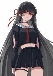 1girl arm_cutout black_choker black_hair black_shirt black_skirt bright_pupils chisa_(wuthering_waves) choker collarbone commentary cowboy_shot crop_top disgust hair_ribbon highres long_hair long_sleeves looking_at_viewer midriff neckerchief parted_lips partially_shaded_face qiweiyan red_eyes red_neckerchief red_ribbon ribbon sailor_collar school_uniform serafuku shirt simple_background skirt solo tacet_mark_(wuthering_waves) very_long_hair white_background white_pupils white_sailor_collar wuthering_waves