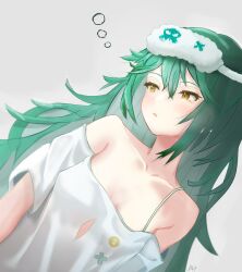 Rule 34 | 1girl, antonina (neural cloud), collarbone, commentary request, dutch angle, girls&#039; frontline, girls&#039; frontline neural cloud, green hair, grey background, lotan, open mouth, shirt, simple background, sleep mask, solo, white shirt, yellow eyes