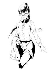 1girl absurdres black_hair blush bow breasts coat collared_shirt dress_shirt glasses greyscale high_ponytail highres jacket long_hair long_sleeves looking_at_viewer medium_breasts miniskirt monochrome neckerchief no_jacket occultic;nine pantyhose ponytail round_eyewear science_adventure shirt simple_background skirt smile solo sumikaze_touko unworn_jacket white_background yakku