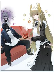 1other 2girls :p absurdres alternate_costume angry animal_ear_fluff animal_ears apron arknights arm_behind_back aura black_dress black_jacket black_pants blunt_bangs blush brown_eyes brown_hair chinese_commentary closed_mouth commentary_request couch dark_aura doctor_(arknights) dress eighth_note enmaided food fork frilled_apron frills glaring grey_hair hair_ornament highres holding holding_tray hood hood_up hooded_jacket hwww=3 jacket kal&#039;tsit_(arknights) long_dress long_hair long_sleeves looking_at_viewer maid maid_apron massage medium_hair mole mole_under_eye muelsyse_(arknights) multiple_girls musical_note on_couch open_clothes open_jacket pants pointy_ears shaded_face shirt shoes sidelocks simple_background sitting spread_legs standing tongue tongue_out tray v very_long_hair white_apron white_background white_shirt