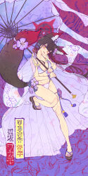 02milos02 1girl :d absurdres animal_ear_fluff animal_ears bare_shoulders bikini blue_archive blue_bow blunt_bangs blush bow breasts brown_hair character_name cleavage collarbone colored_inner_hair commentary curvy extra_ears eyeshadow feet floating_hair flower fox_ears fox_girl fox_tail full_body hair_bow hair_flower hair_ornament halo halterneck highres holding holding_umbrella large_breasts looking_at_viewer makeup mixed-language_commentary multicolored_hair nail_polish navel official_alternate_costume oil-paper_umbrella open_mouth pink_flower purple_background purple_bow purple_flower purple_nails red_hair red_halo sandals simple_background slit_pupils smile solo standing standing_on_one_leg swimsuit tail tail_flower tail_ornament tail_raised thighs toenail_polish toenails toes translation_request umbrella wakamo_(blue_archive) wakamo_(swimsuit)_(blue_archive) white_bikini yellow_eyes