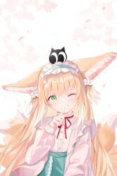 1girl animal_ears arknights blonde_hair cardigan chinese_commentary colored_skin colored_tips commentary_request creature_on_head crossover finger_to_mouth fox_ears fox_girl fox_tail frilled_hairband frills green_eyes green_hairband green_skin grin hairband heixiu high-waist_skirt highres kitsune kyuubi long_hair long_sleeves luo_xiaohei_zhanji multicolored_hair multiple_tails neck_ribbon official_alternate_costume one_eye_closed partial_commentary puffy_long_sleeves puffy_sleeves red_ribbon ribbon shirt skirt smile solo suzuran_(arknights) suzuran_(spring_praise)_(arknights) tail teeth two-tone_hair umou_(umouawa) upper_body white_cardigan white_hair white_shirt