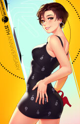 1999 1girl anniversary black_dress brown_eyes brown_hair commentary dated dress earrings english_commentary english_text floral_print high_heels holding holding_footwear holding_shoes holding_unworn_clothes hoop_earrings jewelry logo nagase_reiko r4:_ridge_racer_type_4 race_queen red_footwear ridge_racer shoes short_hair sleeveless sleeveless_dress smile solo tsuaii unworn_shoes