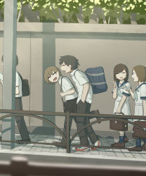 Rule 34 | 2girls, 3boys, :d, absurdres, avogado6, bag, black hair, black pants, blue sailor collar, blurry, blurry foreground, brown hair, cellphone, closed eyes, commentary, day, from side, hair ornament, hairclip, highres, holding, holding bag, holding phone, leaning forward, light rays, loafers, multiple boys, multiple girls, neckerchief, open mouth, original, outdoors, pants, phone, sailor collar, school bag, school uniform, shirt, shoes, short sleeves, skirt, smartphone, smile, sneakers, socks, sweatdrop, walking, white shirt, white skirt