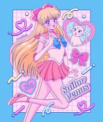 1girl aino_minako artemis_(sailor_moon) bishoujo_senshi_sailor_moon blonde_hair blue_eyes blush bow cat gloves heart long_hair looking_at_viewer magical_girl miniskirt red_bow sailor_venus short_sleeves skirt vane.illust very_long_hair white_cat