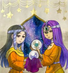 2girls asymmetrical_dress black_hair blue_gemstone bracelet brown_eyes circlet commission crystal_ball curtained_hair dark-skinned_female dark_skin dragon_quest dragon_quest_dai_no_daibouken dragon_quest_iv dress earrings eihire_dotama expressionless forehead_jewel gem gold_bracelet green_gemstone handkerchief highres holding holding_cloth holding_handkerchief holding_orb jewelry light_smile long_hair long_sleeves looking_at_viewer merle_(dai_no_daibouken) metal_belt minea_(dq4) multiple_girls neck_ring night night_sky orange_dress orb parted_bangs purple_hair silver_circlet single_bare_shoulder single_sleeve sky sphere_earrings star_(sky) star_(symbol) starry_sky window
