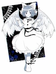 Rule 34 | 1girl, absurdres, angel wings, black ribbon, black sash, blue eyes, blue hair, blush, bow, breasts, buttons, closed mouth, dress, dungeon toaster, feathered wings, footwear ribbon, frilled dress, frilled sleeves, frills, full body, hair bow, happy, highres, juliet sleeves, limited palette, long sleeves, mai (touhou), puffy sleeves, ribbon, sash, short hair, sleeve garter, small breasts, smile, solo, standing, touhou, touhou (pc-98), white bow, white dress, white footwear, white wings, wings