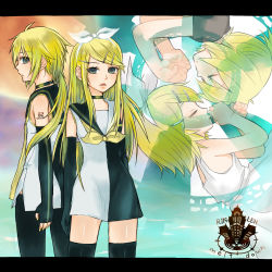 1boy 1girl alternate_costume alternate_hairstyle bow brother_and_sister elbow_gloves gloves kagamine_len kagamine_rin kagamine_rin_(roshin_yuukai) long_hair manao meltdown roshin_yuukai_(vocaloid) siblings thighhighs twins vocaloid zettai_ryouiki