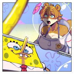 1boy 1girl alternate_breast_size animal_ears aqua_eyes artist_name awestruck bikini bikini_under_clothes blue_bikini blurry breasts buck_teeth butter_sugoi cleavage flower furry furry_female glint helmet highres large_breasts long_nose phallic_symbol sandy_cheeks short_hair smile space_helmet spongebob_squarepants spongebob_squarepants_(series) squirrel_ears squirrel_tail swimsuit tail teeth veins