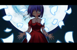 1girl closed_eyes dress ef_(visual_novel) eyepatch full_moon hair_ornament hairclip ion letterboxed long_sleeves medical_eyepatch moon night outstretched_arms paper red_dress shindou_chihiro short_hair star_(sky)