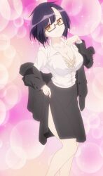 1girl bra breasts cleavage clothes_lift glasses highres large_breasts legs lifting_own_clothes looking_at_viewer nias_carlin office_lady orange_eyes ore_wa_seikan_kokka_no_akutoku_ryoushu! purple_hair seductive_gaze seductive_smile short_hair skirt skirt_lift smile solo stitches teasing thighs unbuttoned unbuttoned_shirt underwear