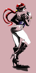 1girl ass boots breasts cleavage cleavage_cutout clothing_cutout dress earrings female_focus fishnets from_behind heel_up ibdinosaur jacket jewelry large_breasts latex leather leg_up long_hair long_sleeves looking_back pale_skin ponytail shermie_(kof) shiny_clothes skirt standing standing_on_one_leg the_king_of_fighters thighs twintails