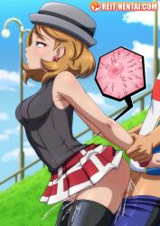 Rule 34 | 1boy, 1girl, aroused, ash ketchum, black shirt, black thighhighs, brown hair, clothed sex, cum, cum in pussy, ejaculation, eyelashes, fertilization, from side, grey hat, hat, highres, impregnation, internal cumshot, jpeg artifacts, nintendo, open mouth, ovum, plaid clothes, plaid skirt, pleated skirt, pokemon, pokemon (anime), pokemon journeys, pokemon swsh105, porkpie hat, red skirt, reit, serena (pokemon), sex, sex from behind, shirt, skirt, sleeveless, sleeveless shirt, solo focus, sperm cell, standing, standing sex, thighhighs, two-tone skirt, white skirt