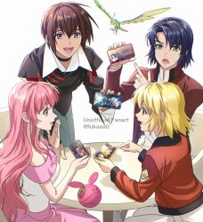 2boys 2girls artist_name athrun_zala blonde_hair blue_eyes blue_hair brown_hair cagalli_yula_athha cellphone green_eyes gundam gundam_seed haro highres jacket kira_yamato lacus_clyne lukaaa multiple_boys multiple_girls non-humanoid_robot phone pink_hair pointing purple_eyes red_jacket robot robot_animal sitting smartphone smile table torii_(gundam) twitter_username white_background yellow_eyes