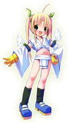 1girl blonde_hair blush detached_sleeves female_focus fundoshi gloves highres japanese_clothes loli mizu_happi no_panties pop smile solo twintails