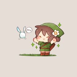 1girl :&gt; arms_up belt blush blush_stickers brown_belt brown_footwear brown_hair chibi closed_mouth commentary cosplay fairy fairy_wings flower full_body grass green_hat green_tunic grey_background hair_flower hair_ornament hat highres link link_(cosplay) navi nintendo ok_sign original simple_background smile sparkle speech_bubble standing symbol-only_commentary temmie_chang_(character) tenmiyakiyo the_legend_of_zelda the_legend_of_zelda:_ocarina_of_time tunic white_flower wings