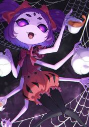 arthropod_girl black_pantyhose colored_skin cup extra_arms extra_eyes fangs glowing glowing_eyes highres holding holding_cup holding_teapot insect_girl monster_girl muffet pantyhose puffy_shorts purple_hair purple_skin red_shorts red_skirt short_hair shorts silk skirt spider_girl spider_web teapot tokumaro twintails undertale