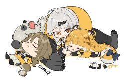 2boys 2girls ahoge animal_ear_fluff animal_ears brown_hair chibi fat furry furry_male highres isuka ju_fufu long_hair multiple_boys multiple_girls orange_eyes orange_fur orange_hair pan_yinhu panda panda_boy panda_ears sleeping tail tail_ornament tiger_ears tiger_girl tiger_stripes tiger_tail white_hair ye_shiyuan yi_xuan_(zenless_zone_zero) zenless_zone_zero