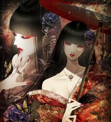 1girl absurdres breasts bug butterfly cleavage collarbone earrings flower highres insect japanese_clothes jewelry kimono lipstick long_hair looking_at_viewer makeup medium_breasts multiple_views oil-paper_umbrella open_clothes open_kimono original pale_skin ring satsuki_kei umbrella