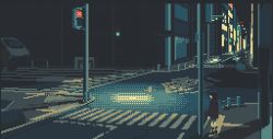 1girl animated animated_gif black_hair building car cinemagraph city city_lights crosswalk facing_away fence flickering intersection looping_animation motocross_saito motor_vehicle night original outdoors pixel_art road shadow sky solo spotlight street traffic_light