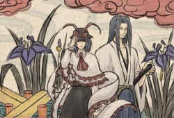 Rule 34 | 1boy, 1girl, ascot, black headwear, black skirt, blue flower, blue hair, blue hakama, bow, closed eyes, closed mouth, cowboy shot, flower, frills, hakama, hand on headwear, hat, hat bow, herb, holding, holding sword, holding weapon, japanese clothes, kimono, long sleeves, looking at viewer, m.u.g.e.n, mugennagi, nagae iku, outdoors, pectoral cleavage, pectorals, purple eyes, red ascot, red bow, samurai spirits, shawl, shirt, skirt, smile, standing, sword, tachibana ukyou, touhou, weapon, white kimono, white shirt, yellow background