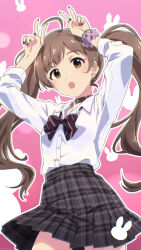 1girl :o ahoge animal_print arms_up bangle black_bow black_bowtie black_choker black_nails blunt_bangs blush bow bowtie bracelet breasts brown_eyes brown_hair choker collarbone collared_shirt concept_gyarus_(idolmaster) cowboy_shot diagonal-striped_bow diagonal-striped_bowtie diagonal-striped_clothes dot_nose double_v ear_piercing earrings eyelashes glint grey_skirt gyaru hakozaki_serika heart heart_choker highres idolmaster idolmaster_million_live! idolmaster_million_live!_theater_days jewelry long_hair looking_at_viewer loose_bowtie official_alternate_costume open_collar outline piercing pink_background plaid_clothes plaid_skirt pleated_skirt purple_scrunchie rabbit_print school_uniform scrunchie shirt sidelocks silver_bangle silver_bracelet silver_ring skirt sleeves_rolled_up small_breasts solo striped_clothes twintails v very_long_hair wavy_hair white_outline white_shirt wrist_scrunchie yuuki_tatsuya