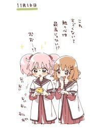 Rule 34 | 2girls, :d, blunt bangs, blush, brown eyes, brown hair, brown sailor collar, commentary request, cropped legs, dress, fang, green eyes, hair bobbles, hair ornament, hairclip, highres, holding, holding toy, layered sleeves, long sleeves, multiple girls, namori, nanamori school uniform, oomuro sakurako, open mouth, pink hair, pointing, red dress, sailor collar, school uniform, shirt, short hair, short over long sleeves, short sleeves, simple background, small sweatdrop, smile, sparkle, toy, translation request, twintails, v-shaped eyebrows, white background, white shirt, yoshikawa chinatsu, yuru yuri