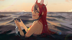 Rule 34 | 1girl, absurdres, animal ears, bare shoulders, bikini, black hair, blue bikini, blue eyes, breasts, grey hair, hakos baelz, highres, hololive, hololive english, mouse ears, mouse girl, moyomo, multicolored hair, ocean, partially submerged, red bikini, red hair, solo, streaked hair, swimsuit, virtual youtuber, water, yellow bikini