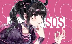 Rule 34 | 1girl, black hair, black hairband, black horns, blunt bangs, blush, choker, commentary request, danjou sora, demon horns, denonbu, dress, ear piercing, earrings, fake horns, hair ornament, hair ribbon, hairband, hand on own chin, heart, heart earrings, highres, horns, idolmaster, idolmaster shiny colors, jewelry, jirai kei, long hair, looking at viewer, nail polish, official art, ok sign, parody, piercing, pink background, pink nails, pink ribbon, puffy short sleeves, puffy sleeves, purple dress, red eyes, reml, ribbon, short sleeves, smile, solo, song name, sos (idolmaster), tongue, tongue out, twintails, upper body, video thumbnail, wrist cuffs, x hair ornament