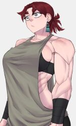 Rule 34 | 1girl, absurdres, grey background, highres, limn044, muscular, muscular female, original, red hair, roxan (limn044)