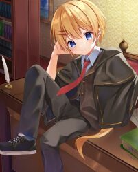 1boy =_hair_ornament arm_support black_cape black_pants black_shoes blonde_hair blue_eyes book brown_vest cape child closed_mouth commission highres inkwell leg_up looking_at_viewer male_focus momose_kumino necktie original pants red_necktie shirt shoes short_hair sitting skeb_commission smile sneakers solo vest white_shirt