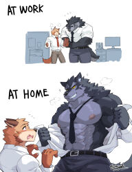 2boys abs annoyed bara bare_pectorals blush clumsy collared_shirt eye_contact flying_sweatdrops from_side furry furry_male furry_with_furry highres kamyuelo large_pectorals looking_at_another loose_necktie male_focus multiple_boys muscular muscular_male navel navel_hair necktie nipples office original pectorals reversible_couple salaryman seductive_smile shirt shirt_tucked_in short_hair size_difference smile sparkle stomach strongman_waist superman_exposure sweat thick_eyebrows undressing very_sweaty white_shirt yaoi