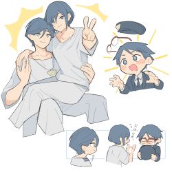 1girl 2boys blue_eyes blue_hair blush brother_and_sister chibi closed_mouth commentary_request cropped_legs hat highres holding holding_unworn_clothes holding_unworn_hat kisaragi_ayumi kisaragi_tsutomu long_sleeves meguriya_ayumu multiple_boys multiple_views open_mouth pants protected_link shirt short_hair siblings simple_background sitting sitting_on_lap sitting_on_person smile spoilers toshi_densetsu_kaitai_center translation_request triangle_necklace unworn_hat unworn_headwear v white_background white_pants white_shirt xinhao