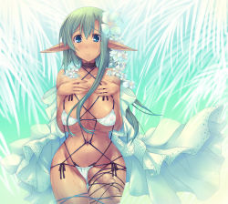 Rule 34 | 1futa, bikini, blue eyes, breast suppress, breasts, choker, curvy, dark skin, dress, elf, flaccid, flower, futanari, green hair, hair flower, hair ornament, huge breasts, long hair, micro bikini, navel, original, outdoors, penis, pointy ears, shibarikini, shimakaze (soundz of bell), solo, sparkle, swimsuit, uncensored, veins, veiny penis
