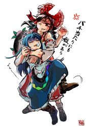 2girls anger_vein angry ankle_socks apron arm_up black_footwear black_hair black_hat blue_hair blue_skirt boots bow brown_footwear choke_hold clenched_teeth commentary constricted_pupils dated detached_sleeves foaming_at_the_mouth food frilled_bow frilled_hair_tubes frilled_skirt frills fruit fruit_hat_ornament furrowed_brow glaring hair_bow hair_tubes hakurei_reimu hat hatching_(texture) highres hinanawi_tenshi holding_another&#039;s_arm kokechankokko leg_up linear_hatching long_hair long_skirt mary_janes messy_hair motion_lines multiple_girls peach rainbow_gradient red_bow red_shirt red_skirt sanpaku shaded_face shirt shoes short_sleeves sidelocks signature simple_background skirt sleeveless sleeveless_shirt socks standing standing_on_one_leg strangling struggling sun_hat symbol-only_commentary teeth touhou translation_request trembling turn_pale unworn_hat unworn_headwear waist_apron wavy_mouth white_apron white_background white_shirt white_sleeves white_socks