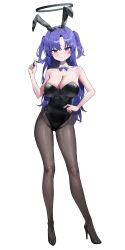 1girl :/ absurdres alternate_costume animal_ear_hairband animal_ears bare_shoulders black_hairband black_halo black_leotard black_pantyhose black_shoes blue_archive blush bow bowtie breasts cleavage closed_mouth collar collarbone commentary covered_navel damcheong detached_collar fake_animal_ears full_body hairband halo hand_up hashtag-only_commentary high_heels highleg highleg_leotard highres holding holding_own_hair large_breasts leotard long_hair pantyhose playboy_bunny purple_bow purple_bowtie purple_eyes purple_hair rabbit_ears shoes simple_background solo standing strapless strapless_leotard two_side_up very_long_hair white_background white_collar yuuka_(blue_archive)
