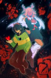 1girl 1other absurdres angel_wings antlers black_hair black_pants black_shirt black_shoes black_skirt blonde_hair checkered_clothes closed_eyes commentary deer_antlers deer_girl deer_tail deltarune fake_horns full_body furry furry_female green_shirt hair_over_one_eye hairband hand_in_pocket hashtag-only_commentary heart highres horn_hairband horns kris_(deltarune) leg_warmers noelle_holiday orri_(iirokagi) pants plant red_eyes red_hairband red_horns red_petals riichuuba shirt shoes short_hair skirt soul_(deltarune) striped_clothes striped_shirt tail thorns vines white_leg_warmers white_wings wings